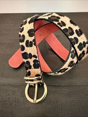 Leopard Print Women's Waist Belt with Gold Ring Buckle - Tan/Black Faux Fur